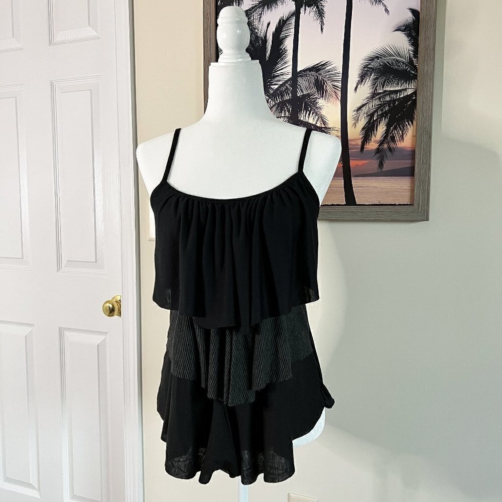 Women’s Lipstick Brand Tank Top | Black & Gray | Ruffles | Size Medium | Y2K